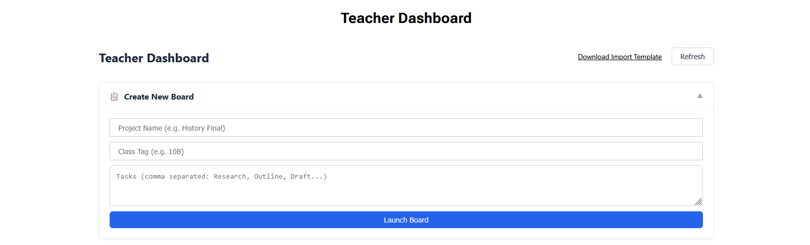 Learning Wake Create New Board form filled in