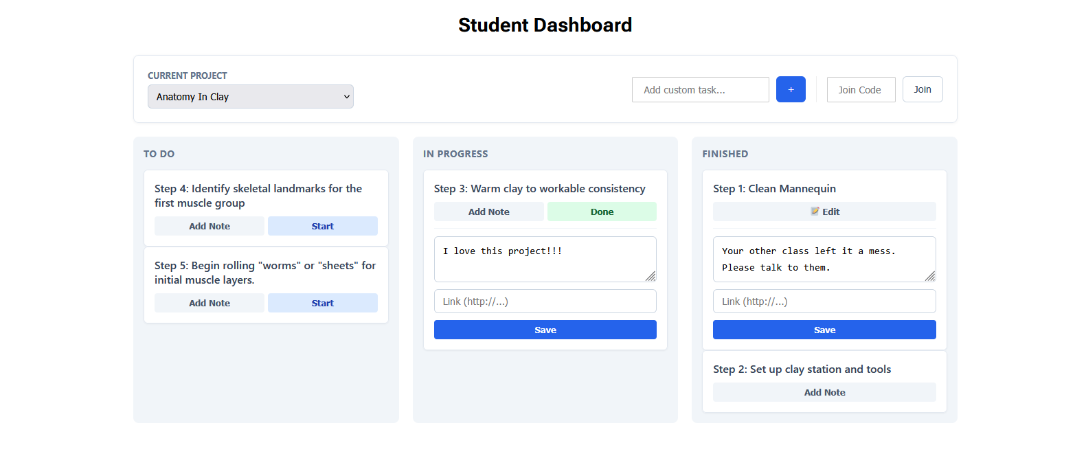 Learning Wake Student Dashboard with a project board visible